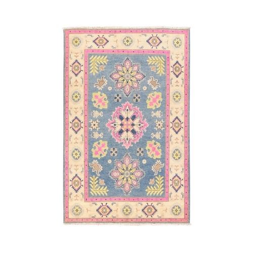 Yonder Blue, Fusion Kazak with Flower Medallions, Pure Wool, Hand Knotted, Oriental 