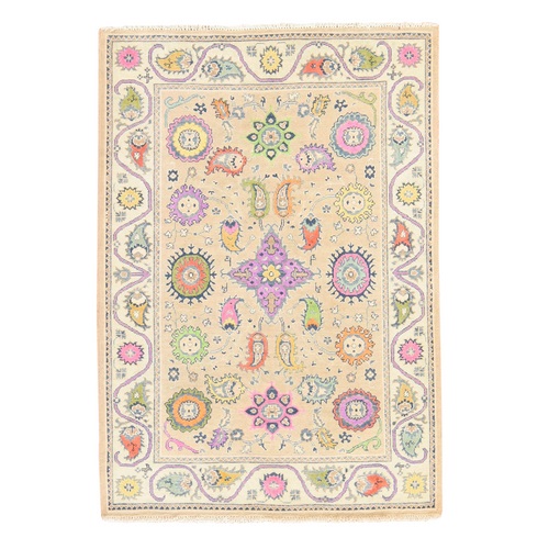 Oyster White, Fusion Kazak with Colorful Geometric Elements, Hand Knotted, Pure Wool, Oriental 