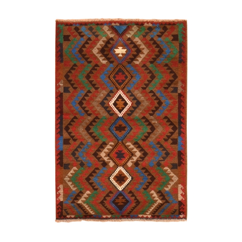 Rustic Brown, Colorful Afghan Baluch with Geometric Design, Pure Wool, Hand Knotted, Oriental 