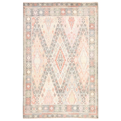 Ivory-Gray, Anatolian Village Inspired Geometric Design, Hand Knotted, Pure Wool, Vegetable Dyes, Oriental 