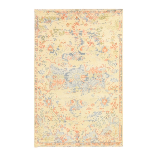 Alabaster White, Variegated Broken Heriz Design, Supple Collection, Pure Wool, Hand Knotted, Oriental 