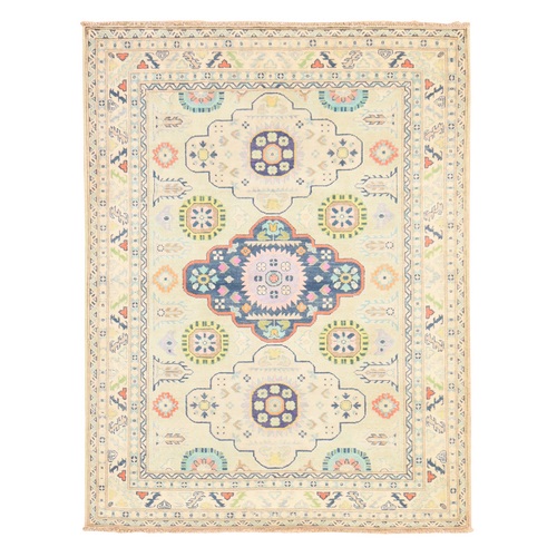 Lace White, Fusion Kazak with Tribal Medallions Design, Hand Knotted, Pure Wool, Oriental 