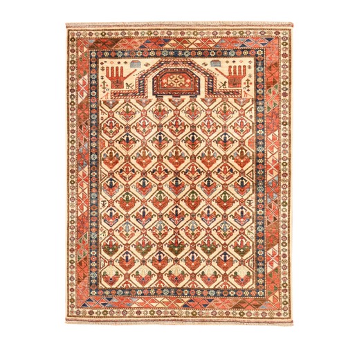 Oyster White, Afghan Ersari with Antique Caucasian Shirvan Prayer Design, Vegetable Dyes, Hand Knotted, 100% Wool, Oriental 