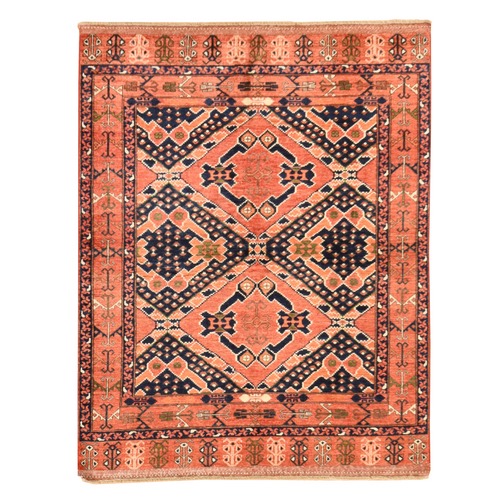Rust Orange, Afghan Ersari with Geometric Design, Soft and Shiny Ghazni Wool, Hand Knotted, Oriental 