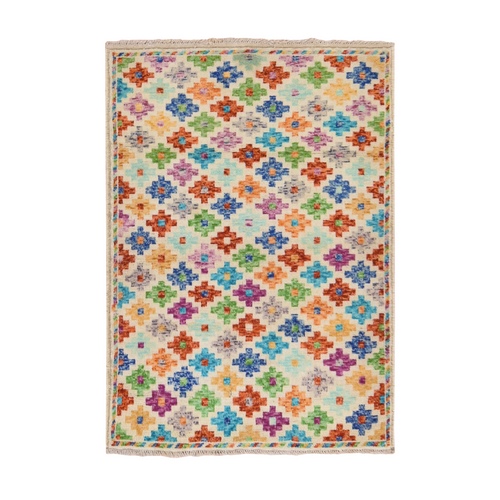 Linen White, Colorful Afghan Baluch with Geometric Design, Hand Knotted, Pure Wool, Oriental 