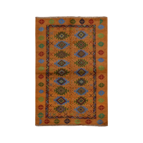 Honey Brown, Colorful Afghan Baluch with Geometric Design, Hand Knotted, Pure Wool, Oriental 