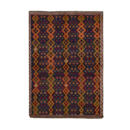 Graphite Blue, Colorful Afghan Baluch with Geometric Design, Hand Knotted, Pure Wool, Oriental 