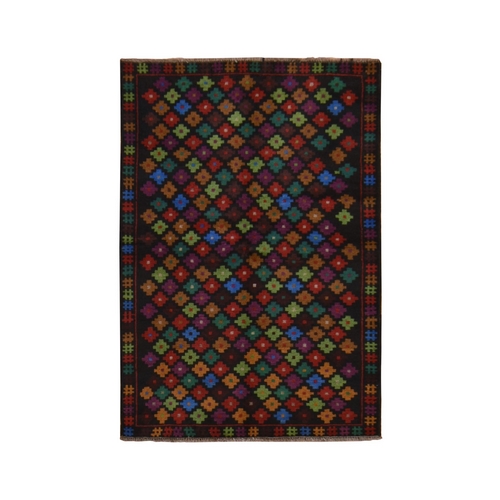 Raven Black, Colorful Afghan Baluch with Geometric Design, Hand Knotted, Pure Wool, Oriental 