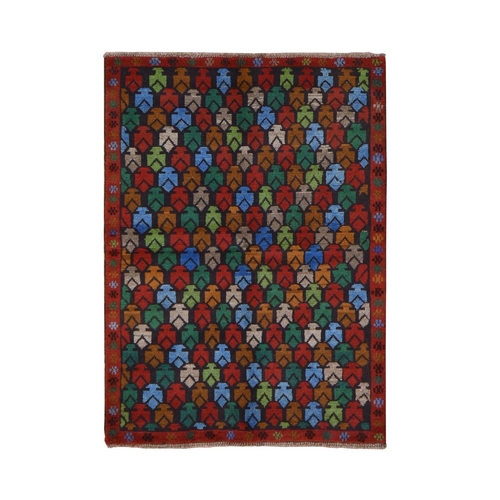 Raven Black, Colorful Afghan Baluch with Geometric Design, Hand Knotted, Pure Wool, Oriental 