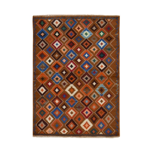 Rustic Brown, Colorful Afghan Baluch with Geometric Design, Hand Knotted, Pure Wool, Oriental 