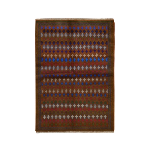 Chocolate Brown, Colorful Afghan Baluch with Geometric Design, Hand Knotted, Pure Wool, Oriental 