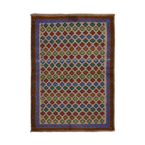 Beige, Colorful Afghan Baluch with Geometric Design, Hand Knotted, Pure Wool, Oriental Rug