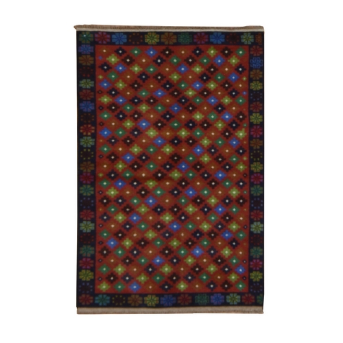Savvy Red, Colorful Afghan Baluch with Geometric Design, Hand Knotted, Pure Wool, Oriental Rug
