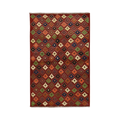 Savvy Red, Colorful Afghan Baluch with Geometric Design, Hand Knotted, Pure Wool, Oriental Rug