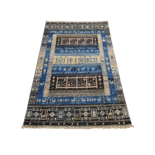 Bayern Blue, Folk Art Kashkuli Gabbeh with Small Animal Figurines, Hand Knotted, Pure Wool, Oriental 