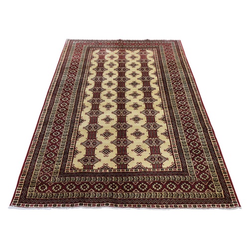 Linen White, New Turkoman Bokara with Repetitive Design, Pure Wool, Hand Knotted, Oriental 
