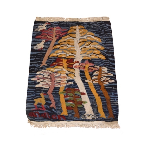 Jasper Blue, Chain Stitch Kilim with Trees and Birds, Flat Weave, 100% Wool, Square, Mat, Oriental 