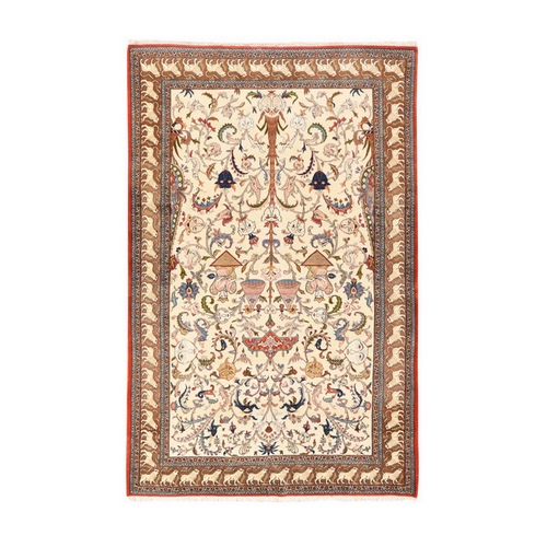 Lace White, Vintage Persian Ghom, All Over Design with Angels and Faces, Pure Wool, Hand Knotted, Good Condition, Clean, Full Pile, Oriental 