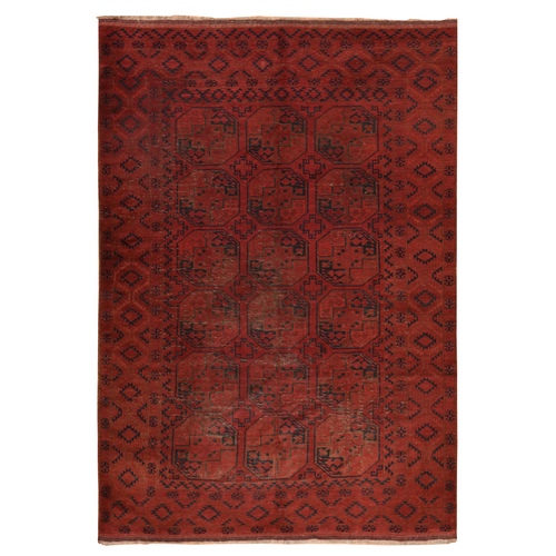 Scarlet Red, Vintage Afghan Beshir, Elephant Feet Design, Areas of Wear, Clean, 100% Wool, Hand Knotted, Oriental 