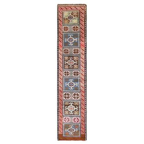 Gray, Colorful Vintage Turkish Block Design, Narrow Runner, Full Pile, Clean, 100% Wool, Hand Knotted, Oriental 