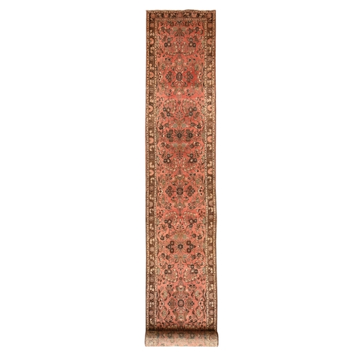 Peach Color, Vintage Persian Lilahan with All Over Design, Sheared Low and Distressed, 100% Wool, Hand Knotted, Zero Pile, Sides and Ends Professionally Secured, Extra Long Runner, Oriental 