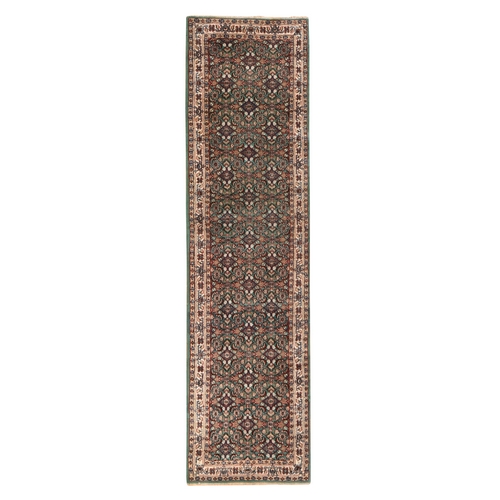 Forest Green, Vintage Indo Bijar Herat with All Over Design, Very Good Condition, Clean, Sides and Ends Professionally Secured, Hand Knotted, Natural Wool, Narrow Runner, Fine Oriental 