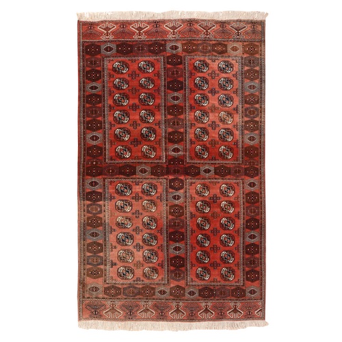 Scarlet Red, Vintage Turkaman Bokara with Compartmented Design, Faded, Hand Knotted, Even Pile, Clean and Soft, 100% Wool, Oriental 