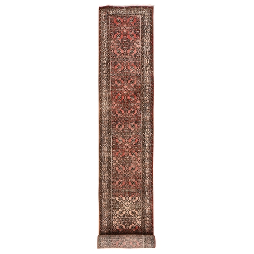 Blush Red, Vintage Persian Hussainabad with All Over Design, Distinct Abrash, Full Pile, Great Condition, Hand Knotted, Organic Wool, Extra Long Runner, Oriental 