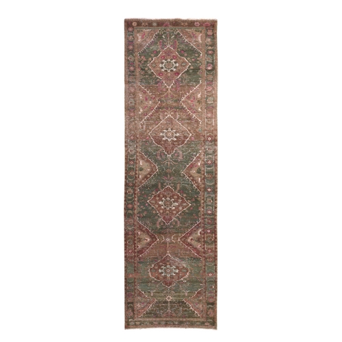 Bistro Green, Vintage Persian Heriz, Distressed and Worn Down, Distinct Abrash, Hand Knotted, Pure Wool, Runner, Oriental 