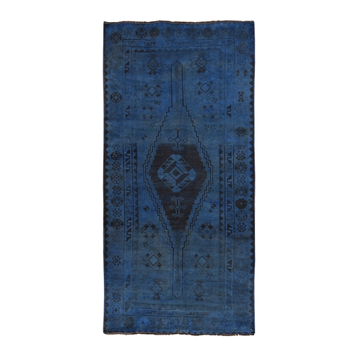 Yale Blue, Overdyed Vintage Persian Shiraz, Worn Down and Distressed, Hand Knotted, 100% Wool, Gallery Size, Extra Wide Runner, Oriental 