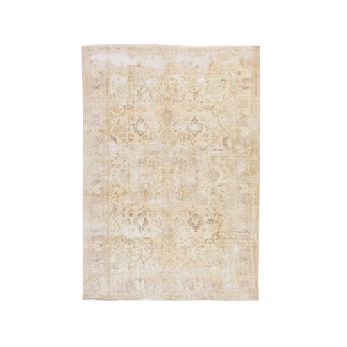 Beige, Vintage Persian Tabriz, Worn Down and Distressed, Hand Knotted, 100% Wool, Oriental Rug
