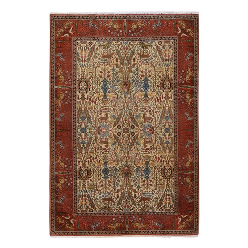 Chiffon White, Vintage Persian Tabriz with All Over Design, Woven Animals, Clean and Soft, Sides and Ends Professionally Secured, 100% Wool, Hand Knotted, Oriental 
