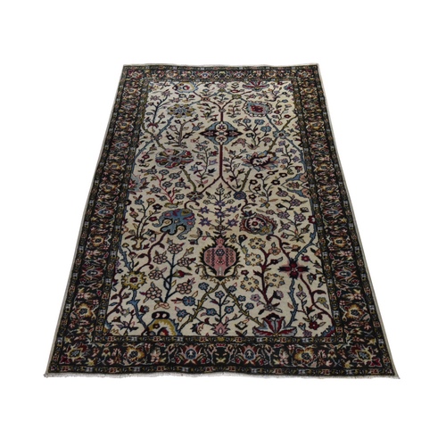 Pearl White, Vintage Indo Tabriz with All Over Design, 300 KPSI, Very Good Condition, Clean, Sides and Ends Professionally Secured, 100% Wool, Hand Knotted, Oriental 