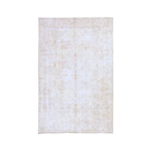 Parchment White, Washed Out, Vintage Persian Tabriz, All Over Design, Worn Down and Distressed, Hand Knotted, 100% Wool, Oriental Rug