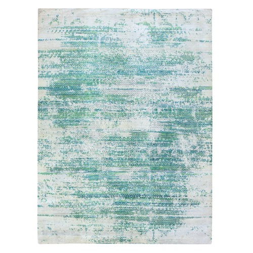 Slushy Green, Erased Chevron Design, Hand Knotted, Sari Silk with Textured Wool, Oriental 