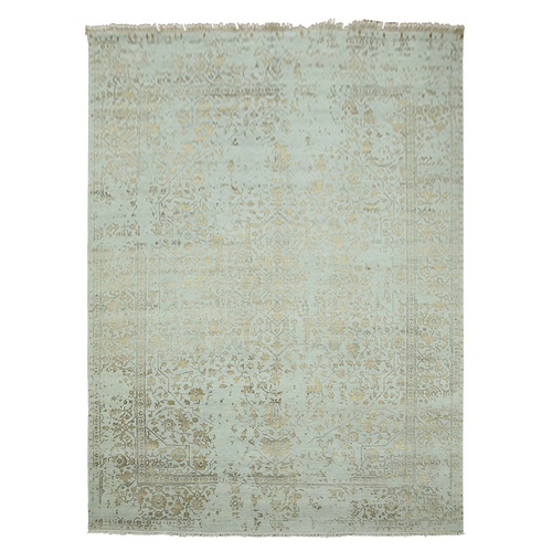 Gray with Touches of Gold, Hand Knotted Broken Persian Erased Heriz Design, Wool and Silk, Oriental 