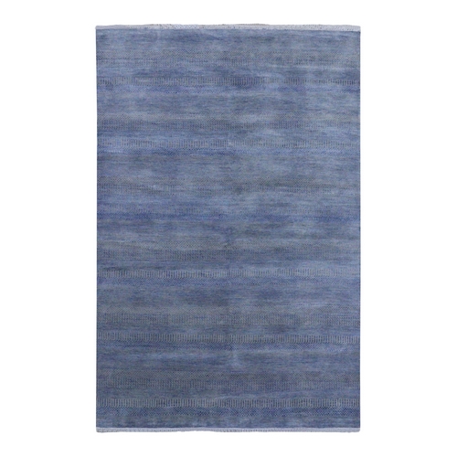 Denim Blue, Wool and Silk Hand Knotted, Modern Grass Design Gabbeh Densely Woven, Oriental 