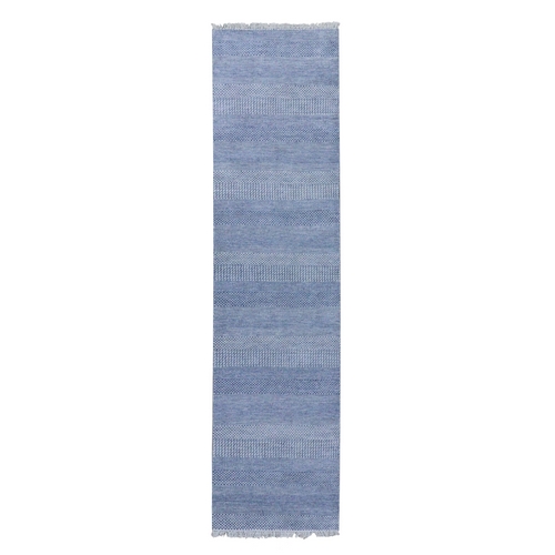 Silver Blue, Hand Knotted Modern Grass Design Gabbeh, Densely Woven Wool and Silk, Runner Oriental 