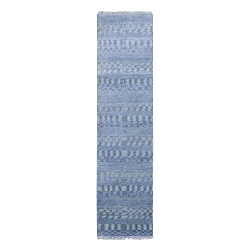 Blue, Hand Knotted Modern Grass Design Gabbeh, Densely Woven Wool and Silk, Runner Oriental 