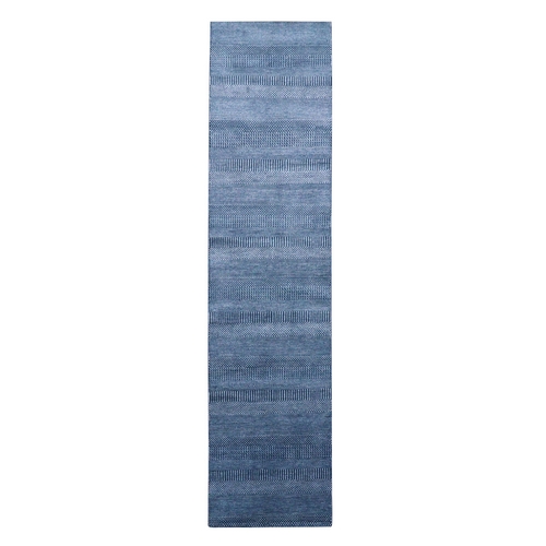 Navy Blue, Wool and Silk Hand Knotted, Modern Grass Design Gabbeh Densely Woven, Runner Oriental 