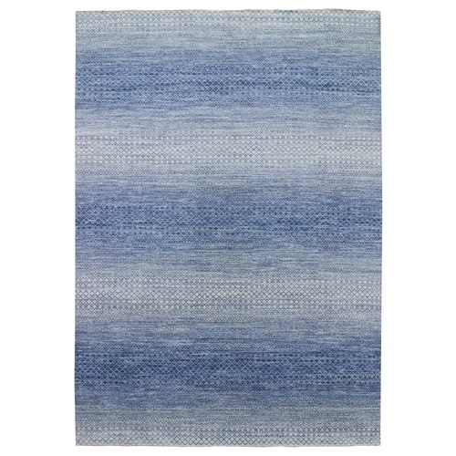 Blue, Modern Chiaroscuro Collection, Thick and Plush Pure Wool Hand Knotted, Oriental 
