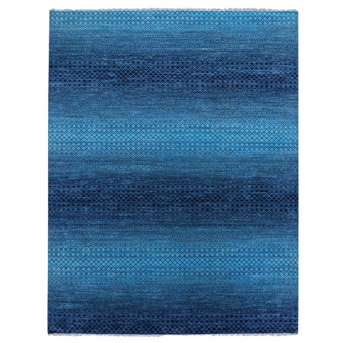Blue, Pure Wool Hand Knotted, Modern Chiaroscuro Collection Thick and Plush, Oriental 
