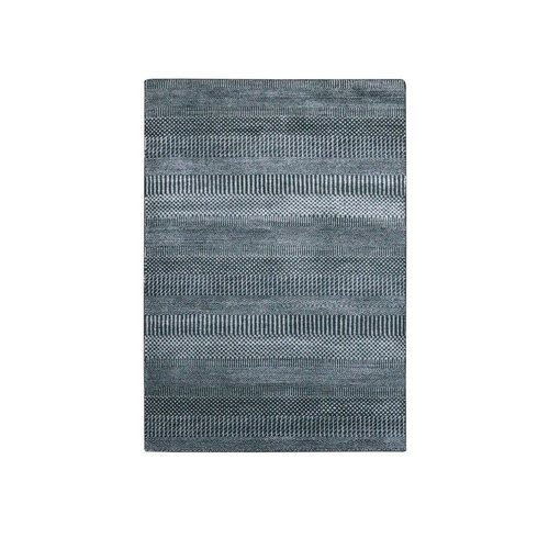 Charcoal Black, Densely Woven Wool and Silk Hand Knotted, Modern Grass Design Gabbeh, Oriental 