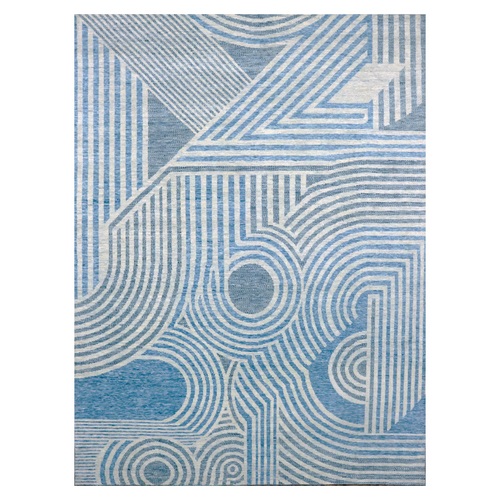 Steel Blue, Hand Knotted Geometric Art Deco Collection, Soft to the Touch Pure Wool, Oriental 