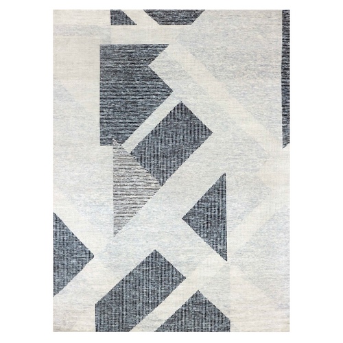Gainsboro Gray, Pure Wool Hand Knotted, Geometric Art Deco Collection Soft to the Touch, Oriental Rug