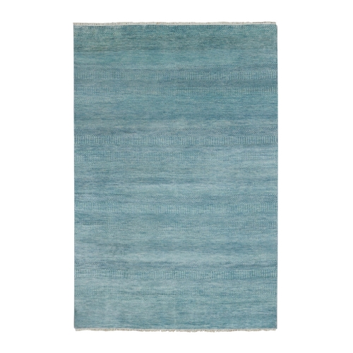 Light Turquoise, Densely Woven Tone on Tone, Soft Pile Wool and Silk, Hand Knotted Grass Design Oriental 
