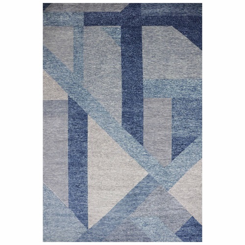 Beau Blue, Pure Wool Hand Knotted, Geometric Art Deco Collection Soft to the Touch, Oversized Oriental Rug