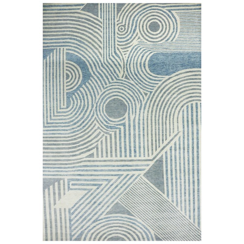 Steel Blue, Geometric Art Deco Collection Soft to the Touch, Organic Wool Hand Knotted, Oversized Oriental 