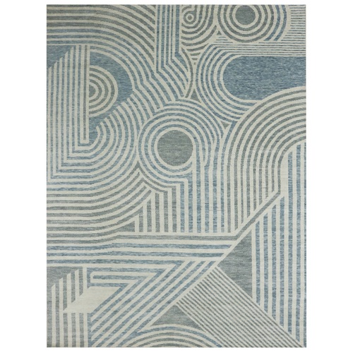 Steel Blue, Hand Knotted Geometric Art Deco Collection, Soft to the Touch 100% Wool, Oversized Oriental Rug