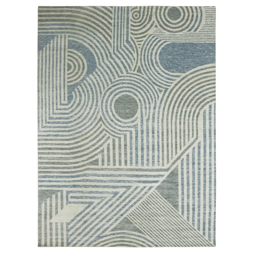 Steel Blue, Pure Wool Hand Knotted, Geometric Art Deco Collection Soft to the Touch, Oriental Rug